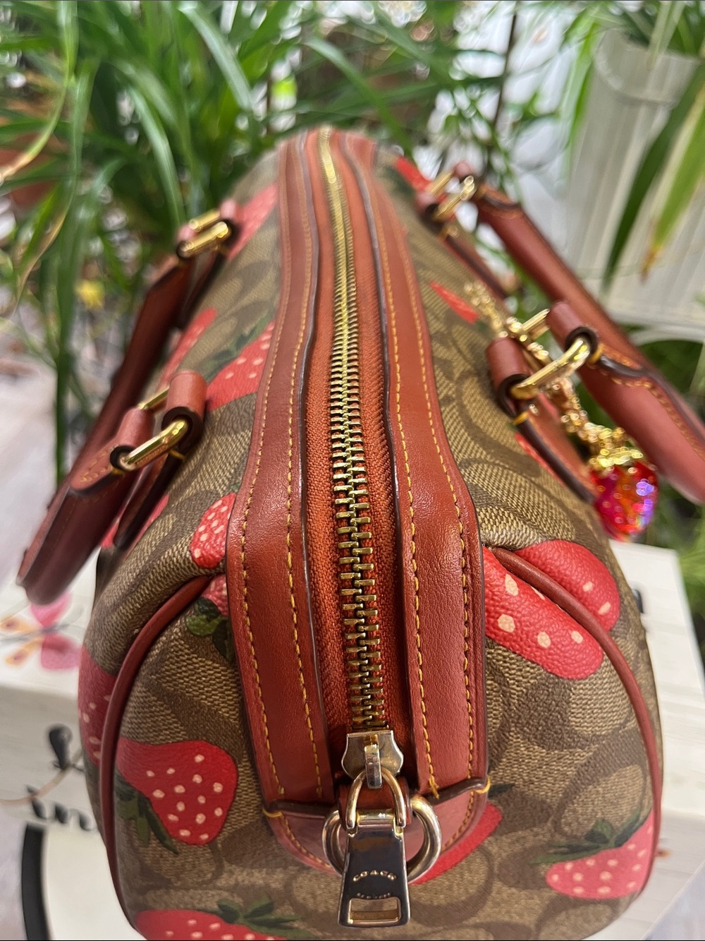 Coach Brown Signature Satchel with Red Strawberry Print - Picture 7 of 11